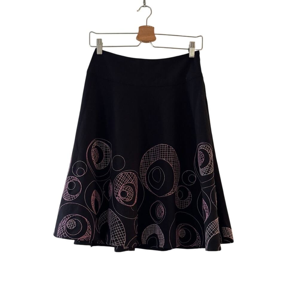 Sunny Leigh‎ Embroidered Skirt Size 4 Black Pink Geometric Circle Stretch Boho